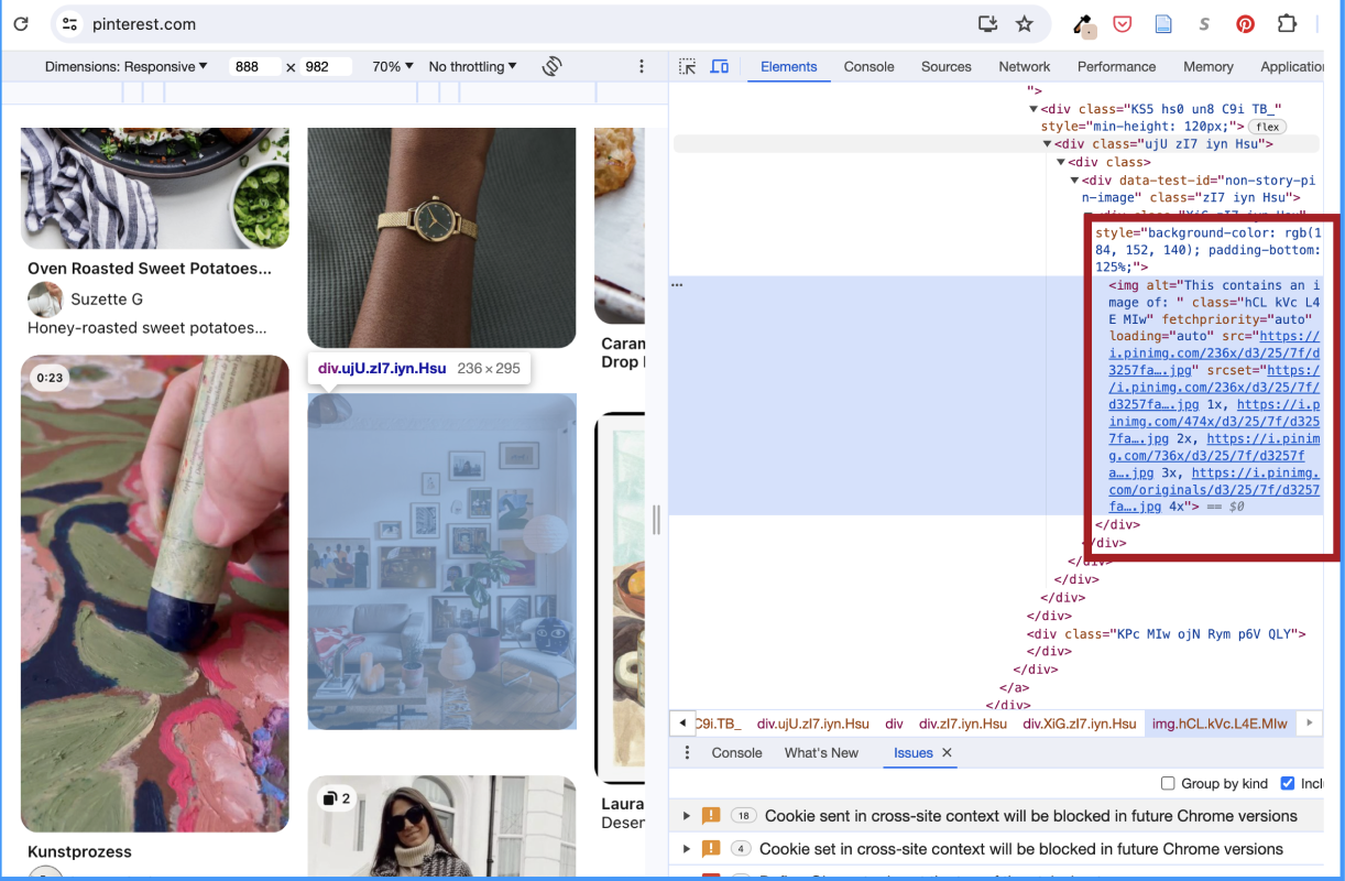 Pinterest board with sidebar showing the code for a selected image. Alt text field is empty 